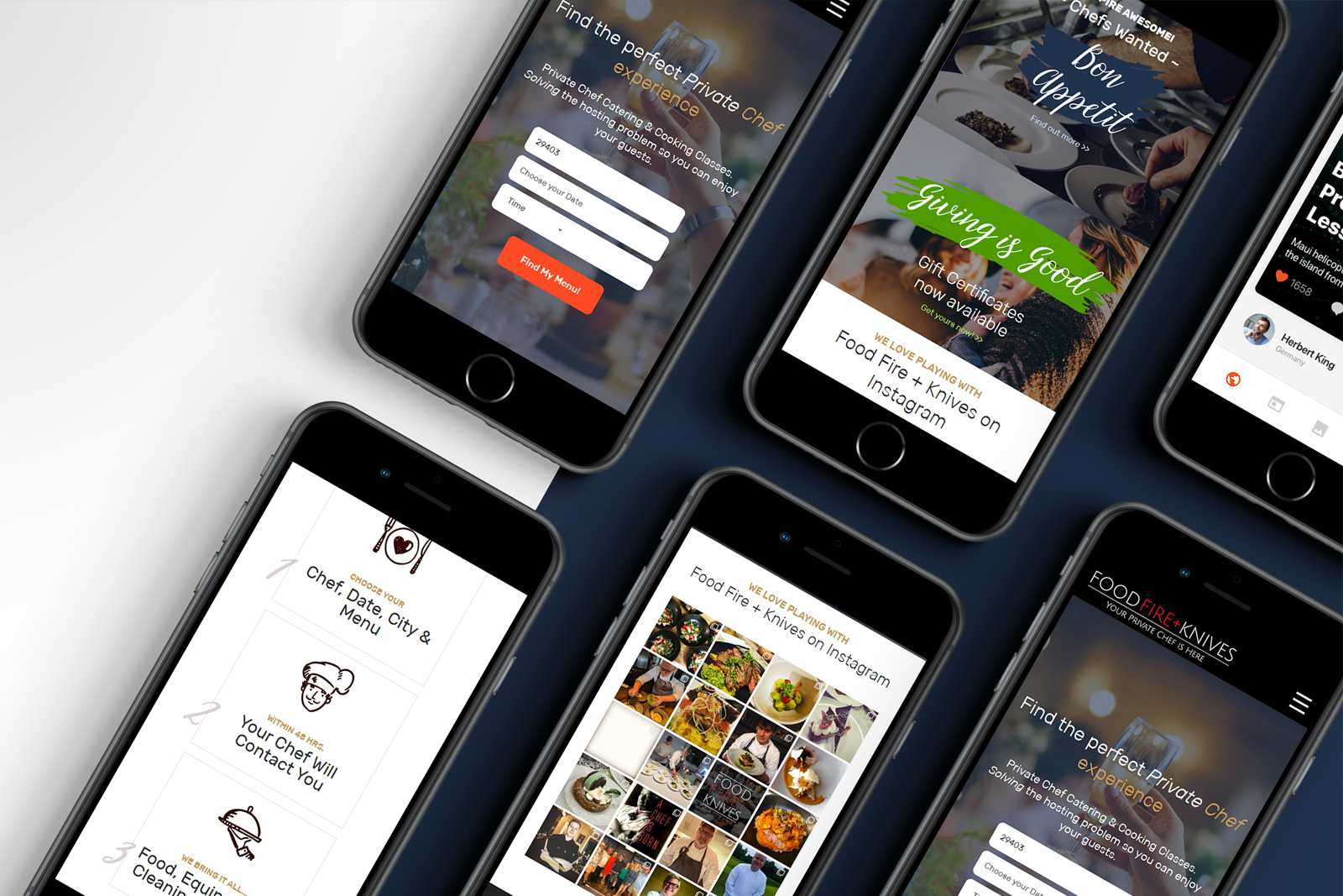 Food Fire + Knives Website Design and Development on iphones mockup